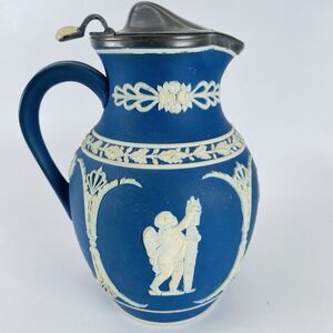 REPAIRED Thompson Broadhead Pitcher Sheffield Jasperware Pottery Blue White